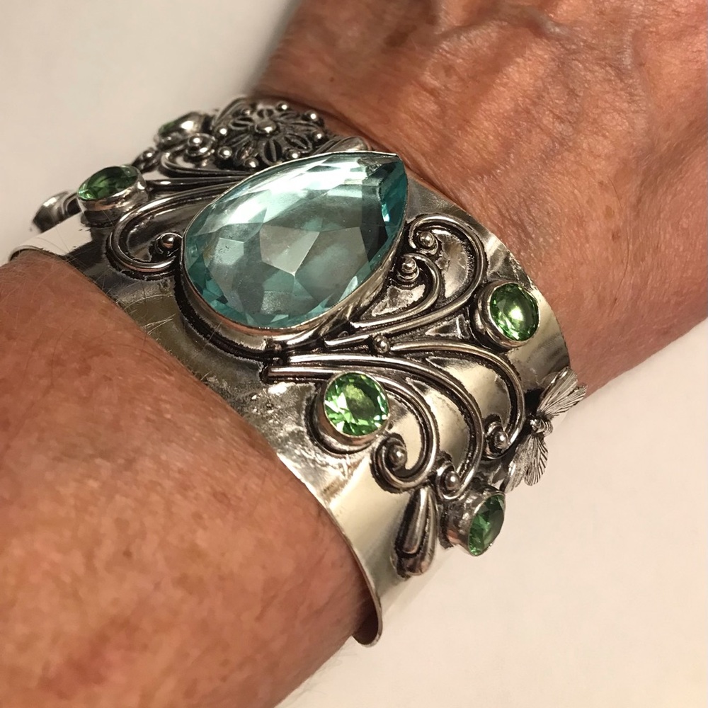 Green Amethyst Stamped 925 Sterling Silver Cuff Bracelet